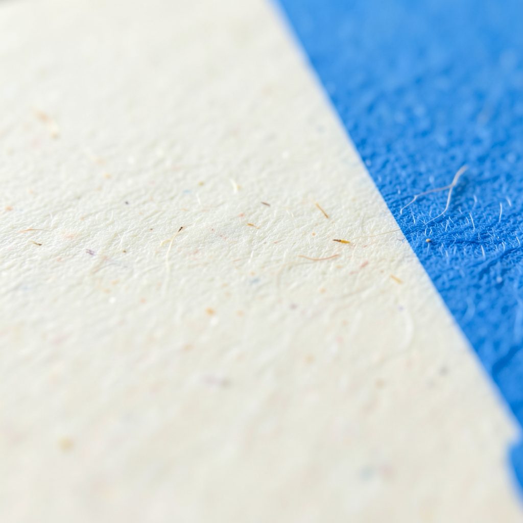 A close-up photograph of smooth matte paper grain, pale cream with subtle flecks of natural fibre, soft and tactile