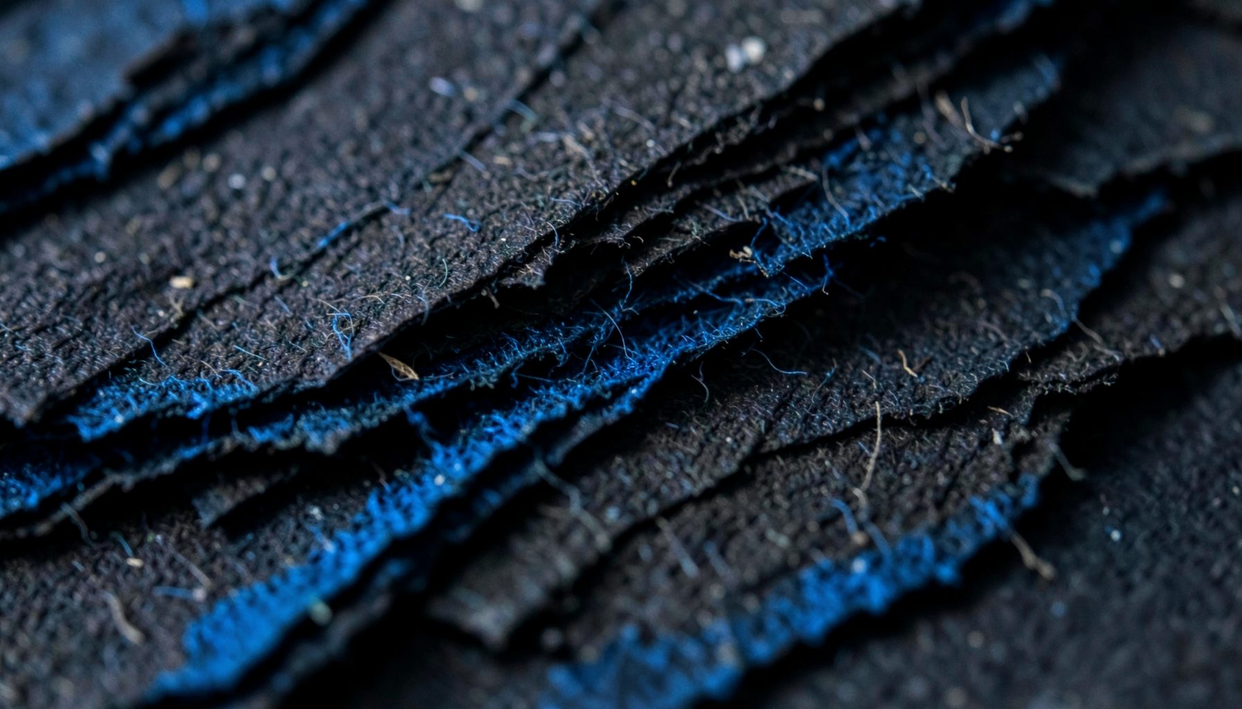 A dark, moody abstract texture of layered paper and fabric fibers in deep charcoal and muted slate tones, softly lit from one side